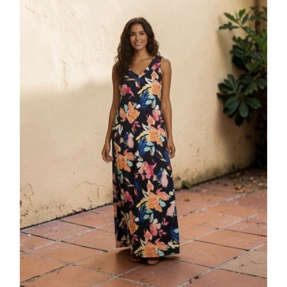 Chico's Navy Pink Floral Sleeveless Maxi Dress V-Neck Knit Size 2 (M)